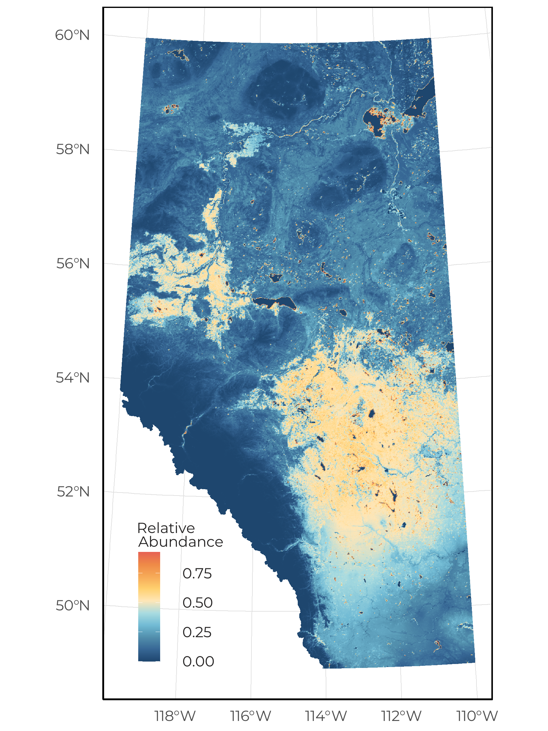 The predicted relative abundance of Boreal Chorus Frog as a function of vegetation, soil, human footprint, and space/climate across Alberta under current conditions (2018).