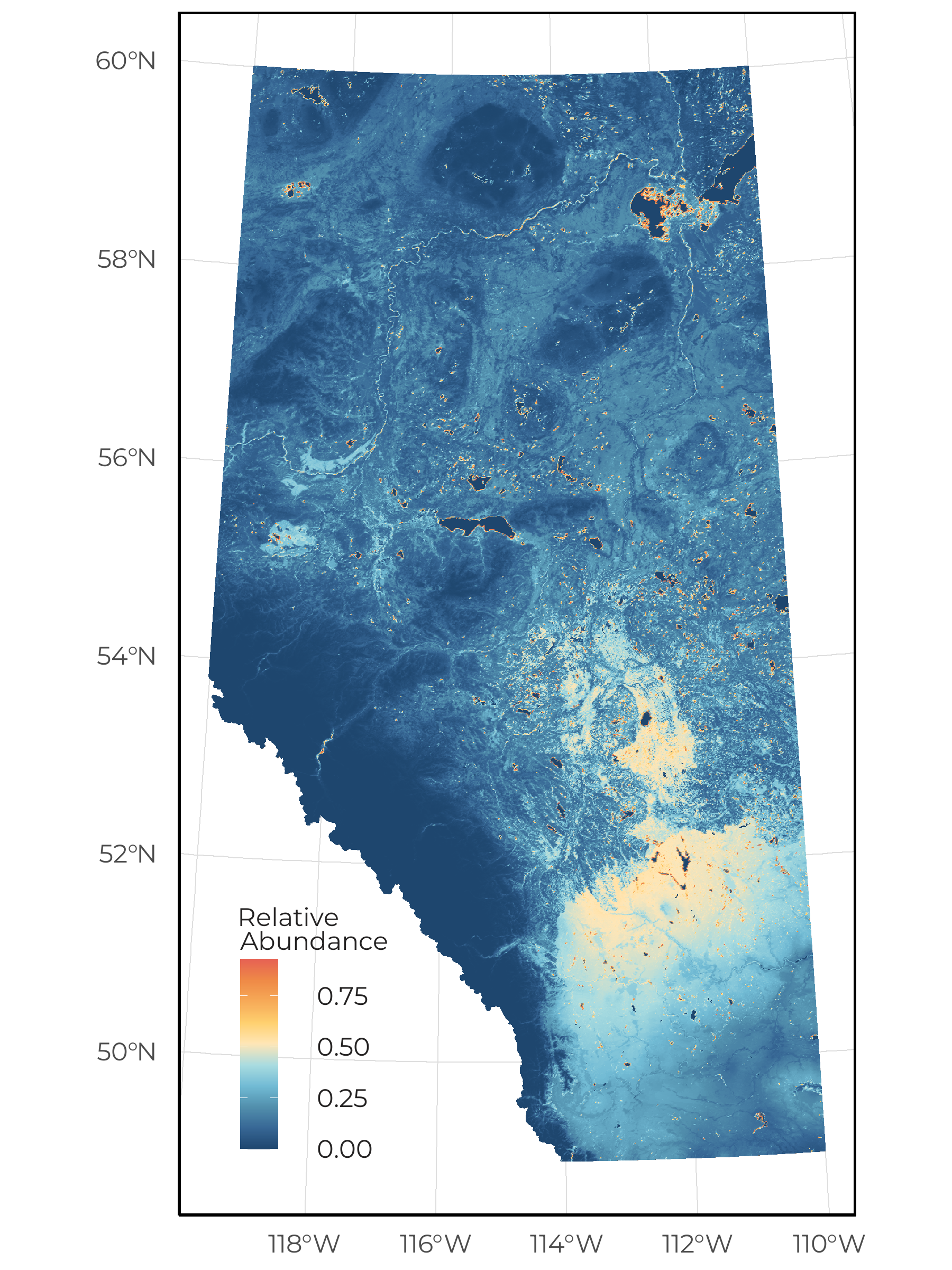 The predicted relative abundance of Boreal Chorus Frog as a function of vegetation, soil, human footprint, and space/climate across Alberta under reference conditions.