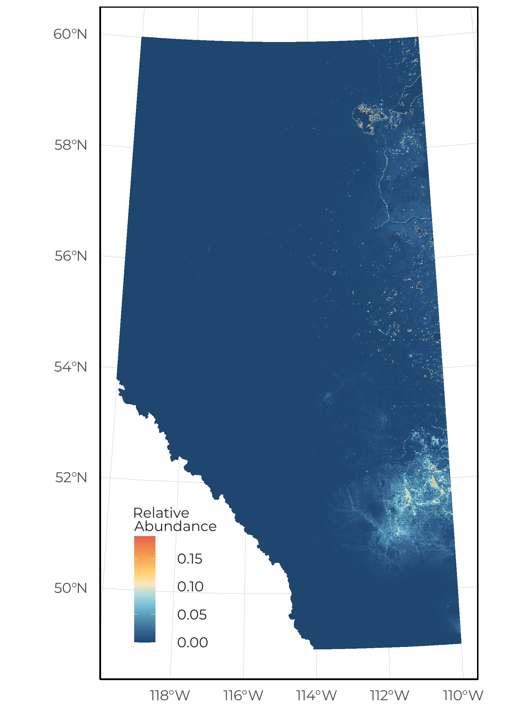 The predicted relative abundance of Canadian Toad as a function of vegetation, soil, human footprint, and space/climate across Alberta under current conditions (2018).