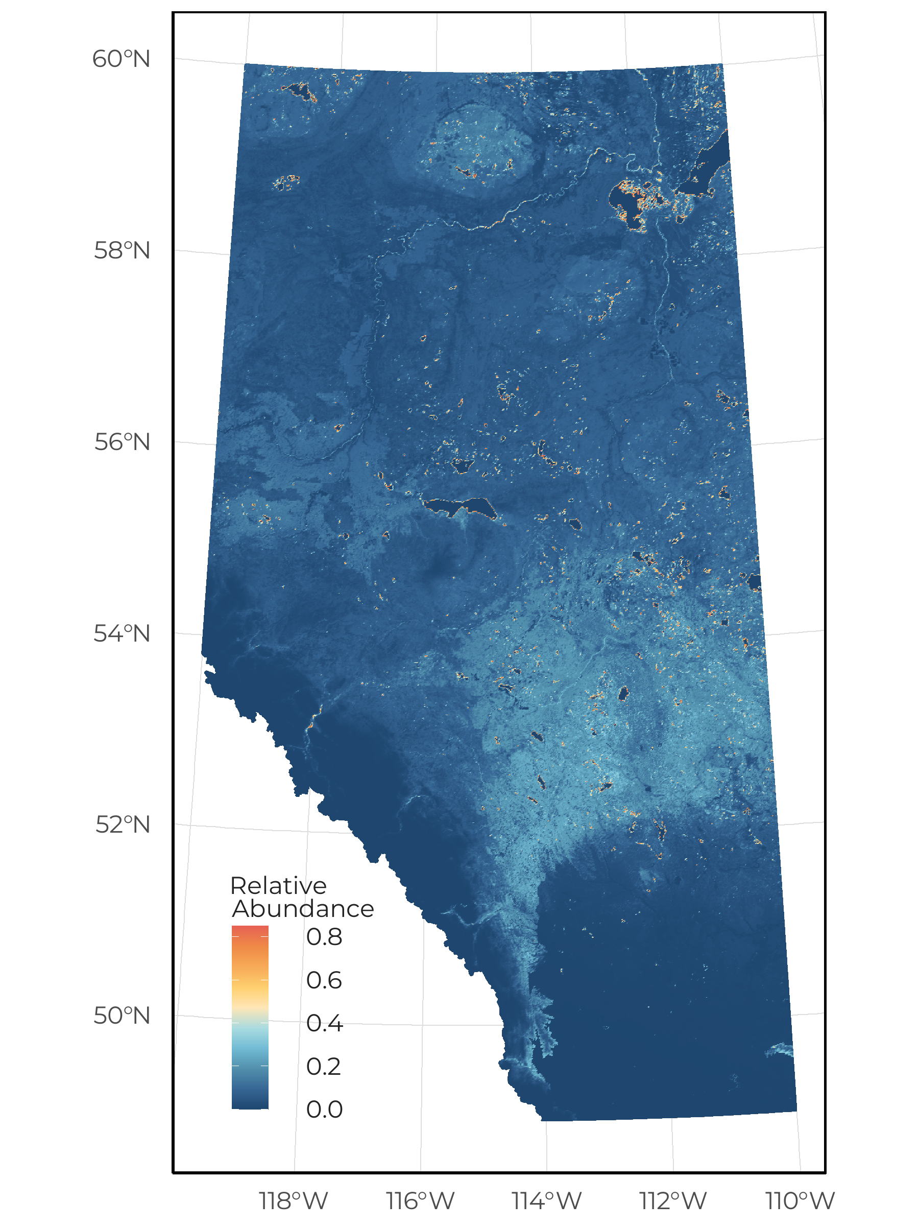The predicted relative abundance of Wood Frog as a function of vegetation, soil, human footprint, and space/climate across Alberta under current conditions (2018).