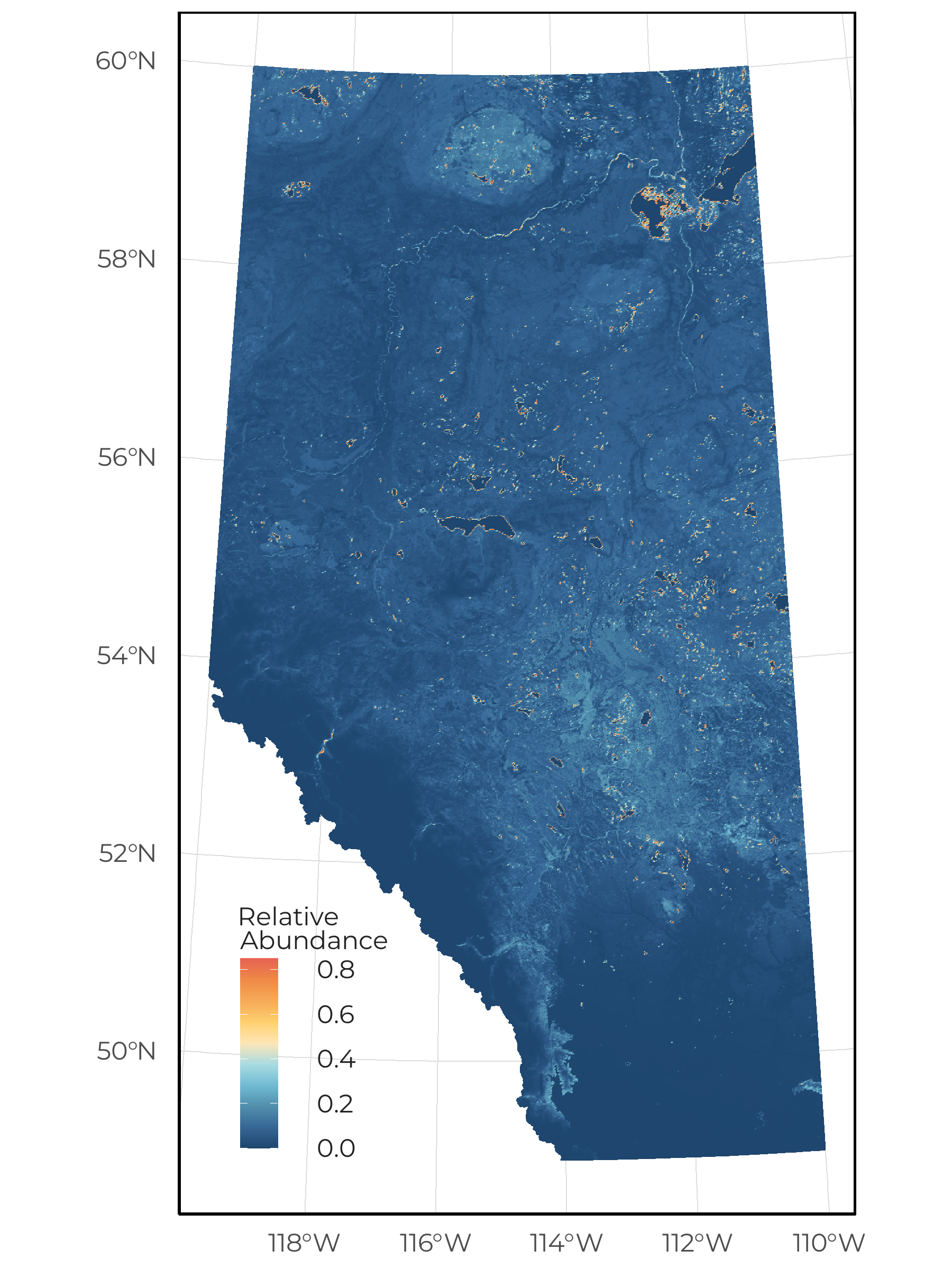 The predicted relative abundance of Wood Frog as a function of vegetation, soil, human footprint, and space/climate across Alberta under reference conditions.