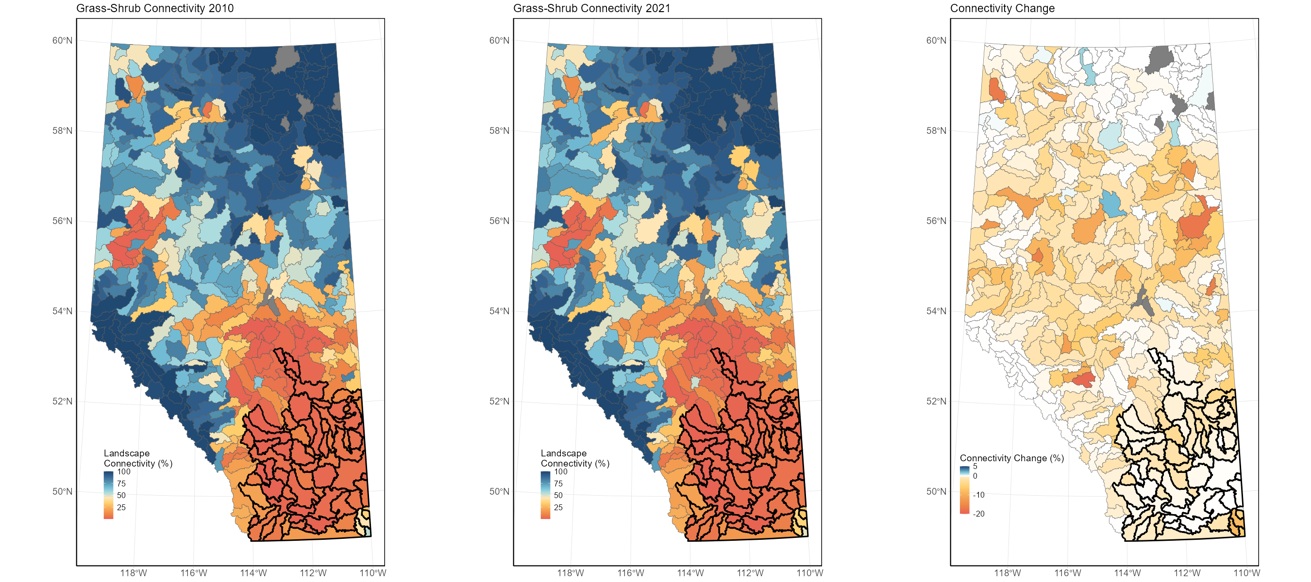 Status of landscape connectivity for Grass-Shrub habitats in 2010 (left), 2021 (centre), and the percent change (right) during this period. Watersheds outlined in black represent the watersheds where Grass-Shrub is the dominant habitat type.