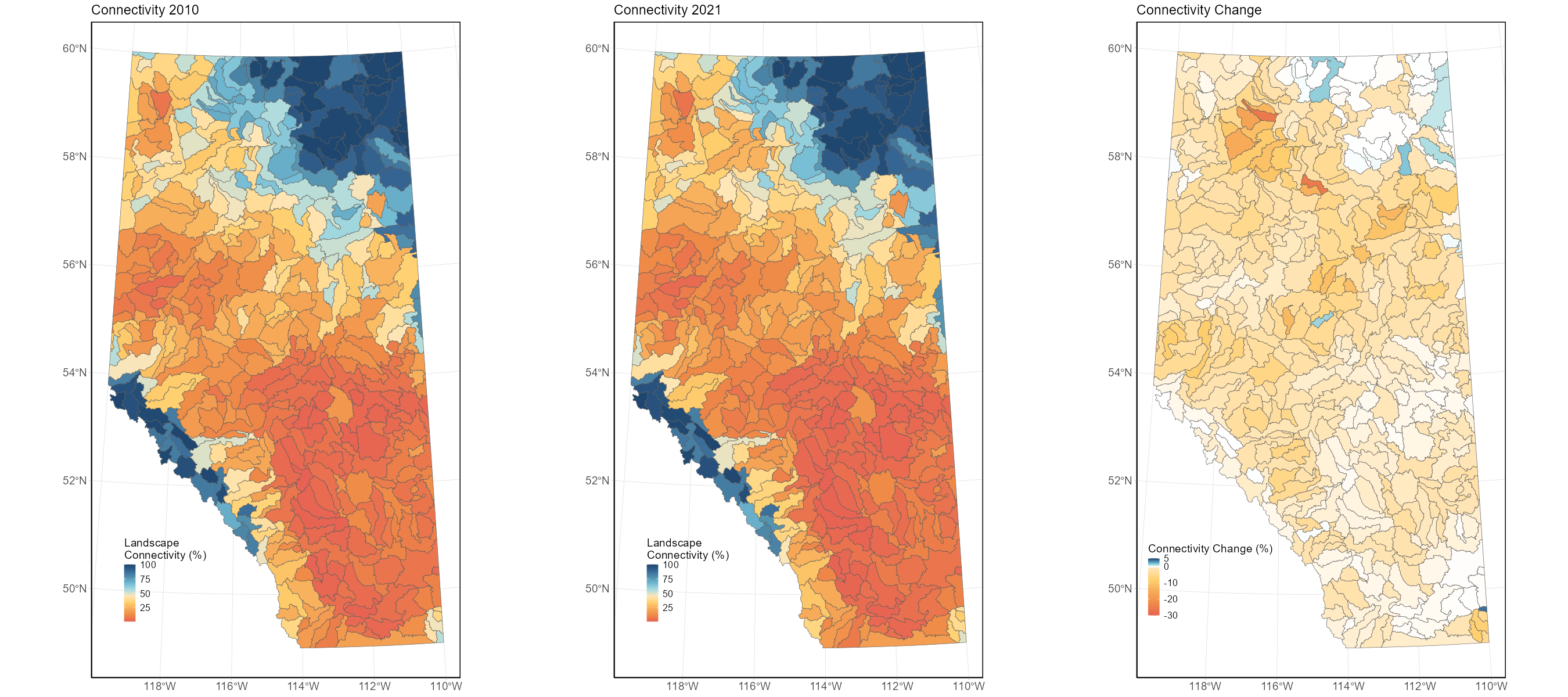 Figure 5. Status of landscape connectivity in 2010 (left), 2021 (centre), and the percent change (right) during this period.