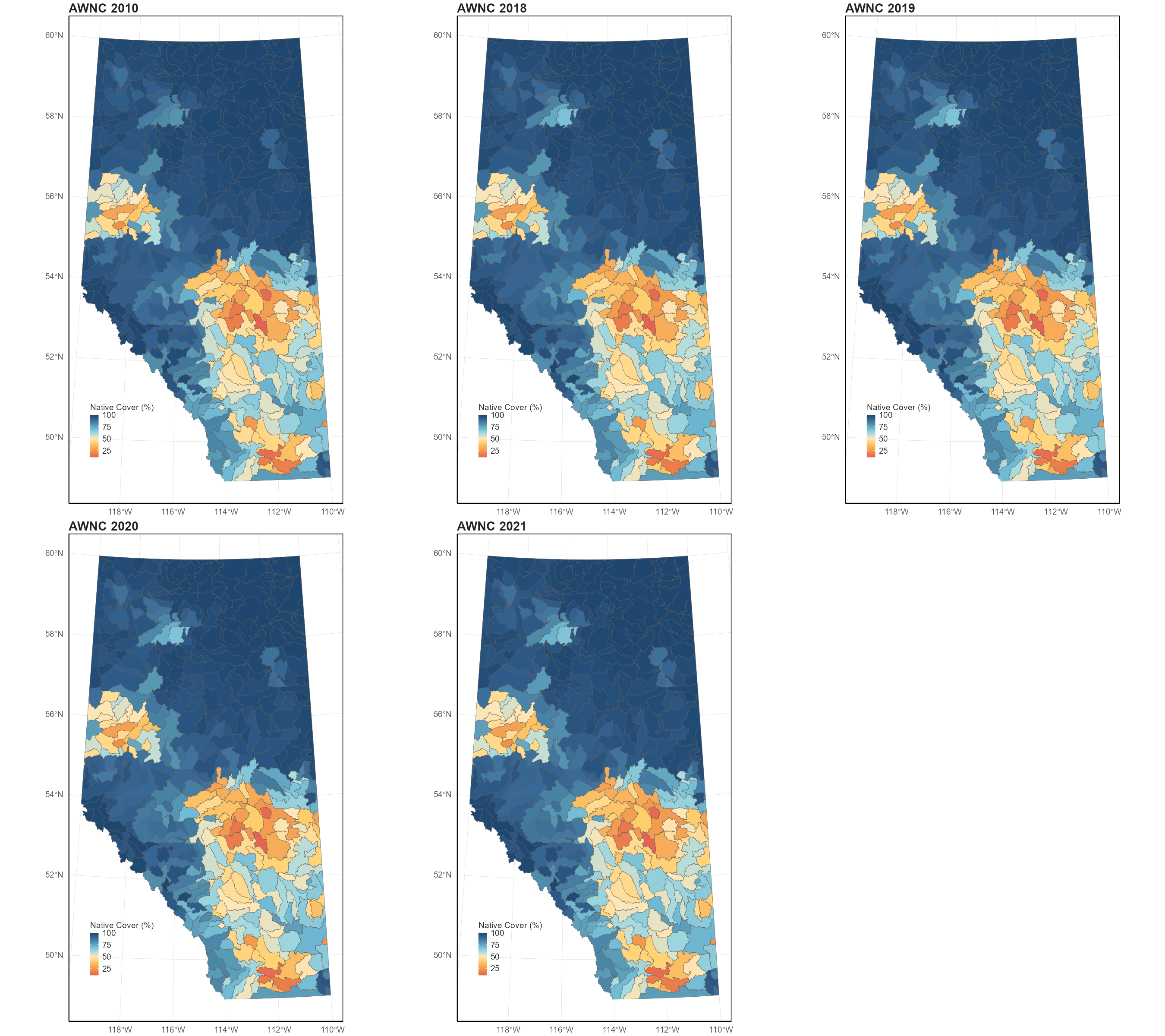 Status of AWNC in 2010 (top left), 2018 (top centre), 2019 (top right), 2020 (bottom left), and 2021 (bottom centre).