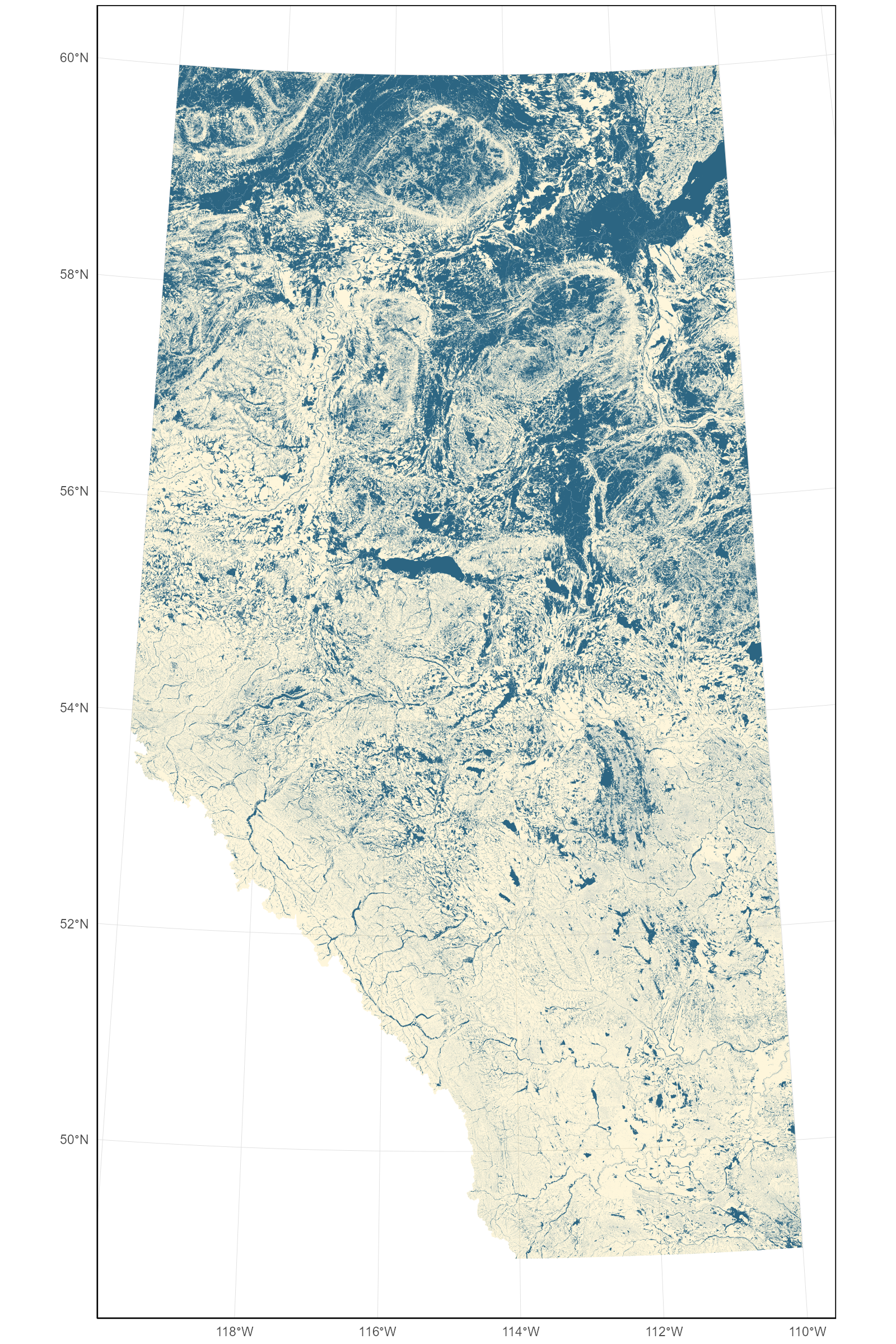 Areas identified as aquatic and wetland (blue) and terrestrial (yellow) native cover based on the ABMI Wetland Inventory and Lotic Riparian layer.