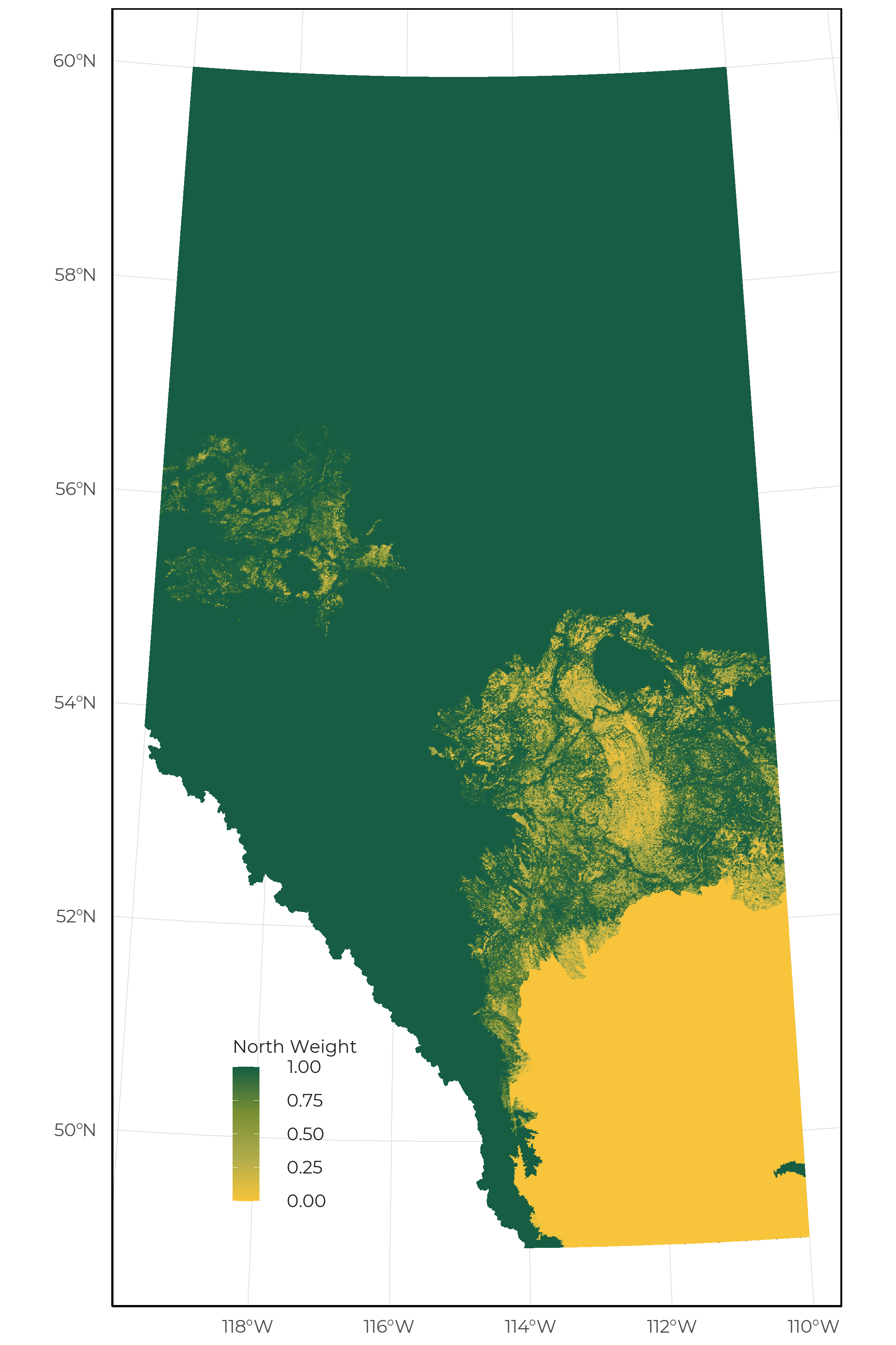 Weighting used to combine the vegetation (north weight) and soil (south weight) based models.