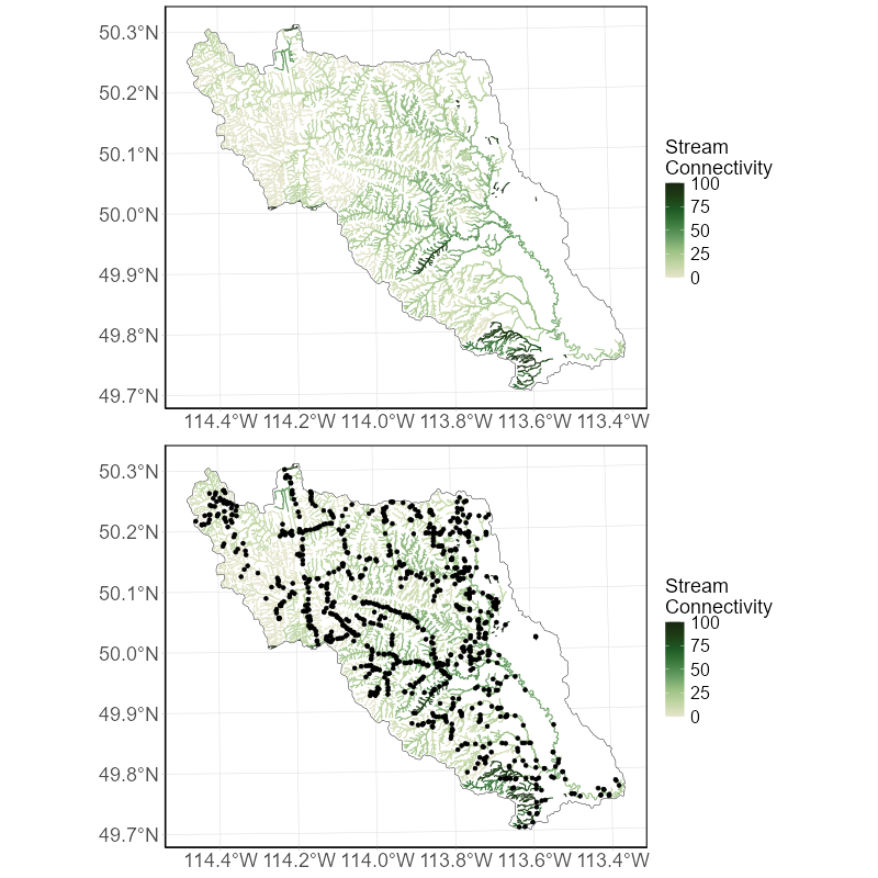 The stream connectivity of each stream segment within an example HUC-6 watershed (top) and the location of 893 predicted road-stream intersections (i.e., culverts, dams and bridges).