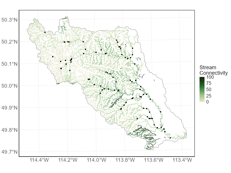 Stream connectivity of the example watershed and the locations of the predicted road-stream intersections with a CRP in the top 10% of predicted values within the region.