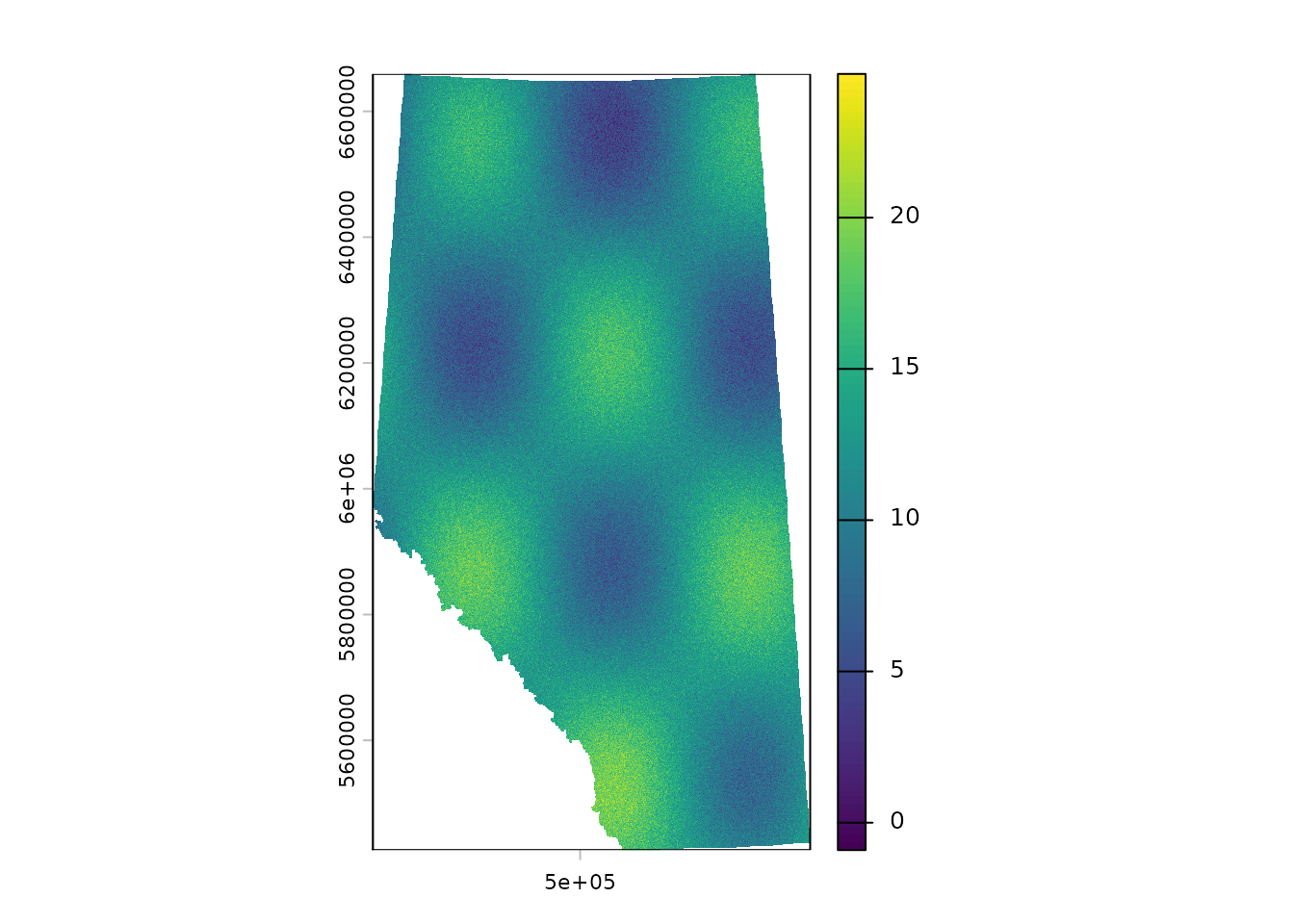 Map of the synthetic canopy height layer over Alberta. Values run from roughly 4 to 24 metres in a broad wave pattern that declines from south to north, clipped to the provincial boundary.