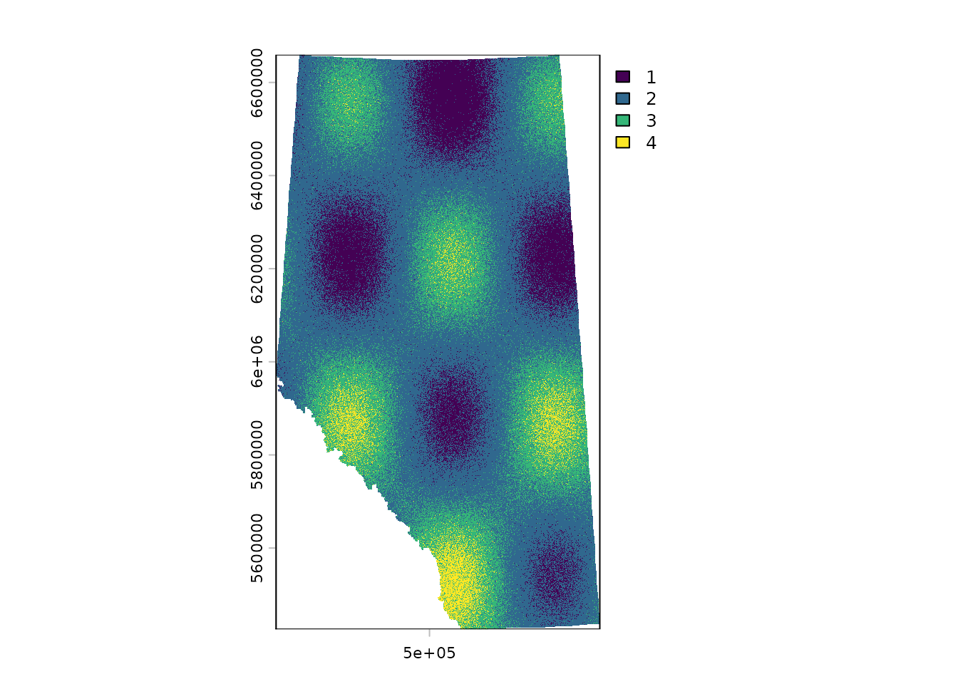 Map of the four-class cover layer over the same extent, the canopy height surface binned into classes 1 to 4. The classes form broad bands following the height gradient.