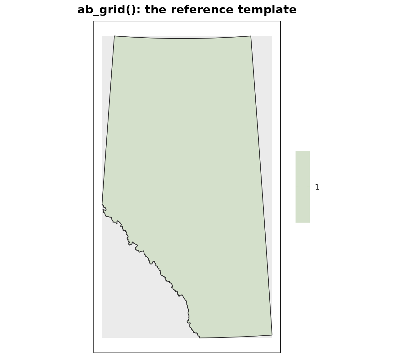 The reference grid template drawn as a rectangle of 1 km cells. Cells inside Alberta carry a value and pick out the shape of the province; everything outside it is grey.