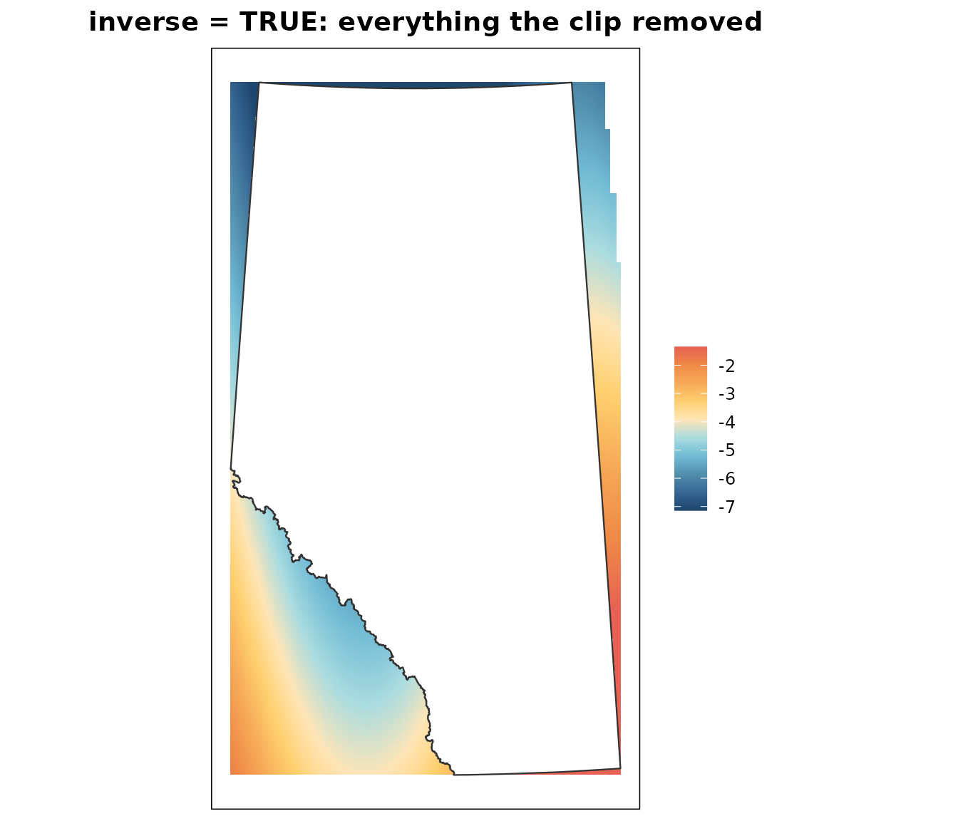 The complement of the previous map: values retained only outside the provincial boundary, leaving Alberta itself as a blank hole in the middle of the rectangle.
