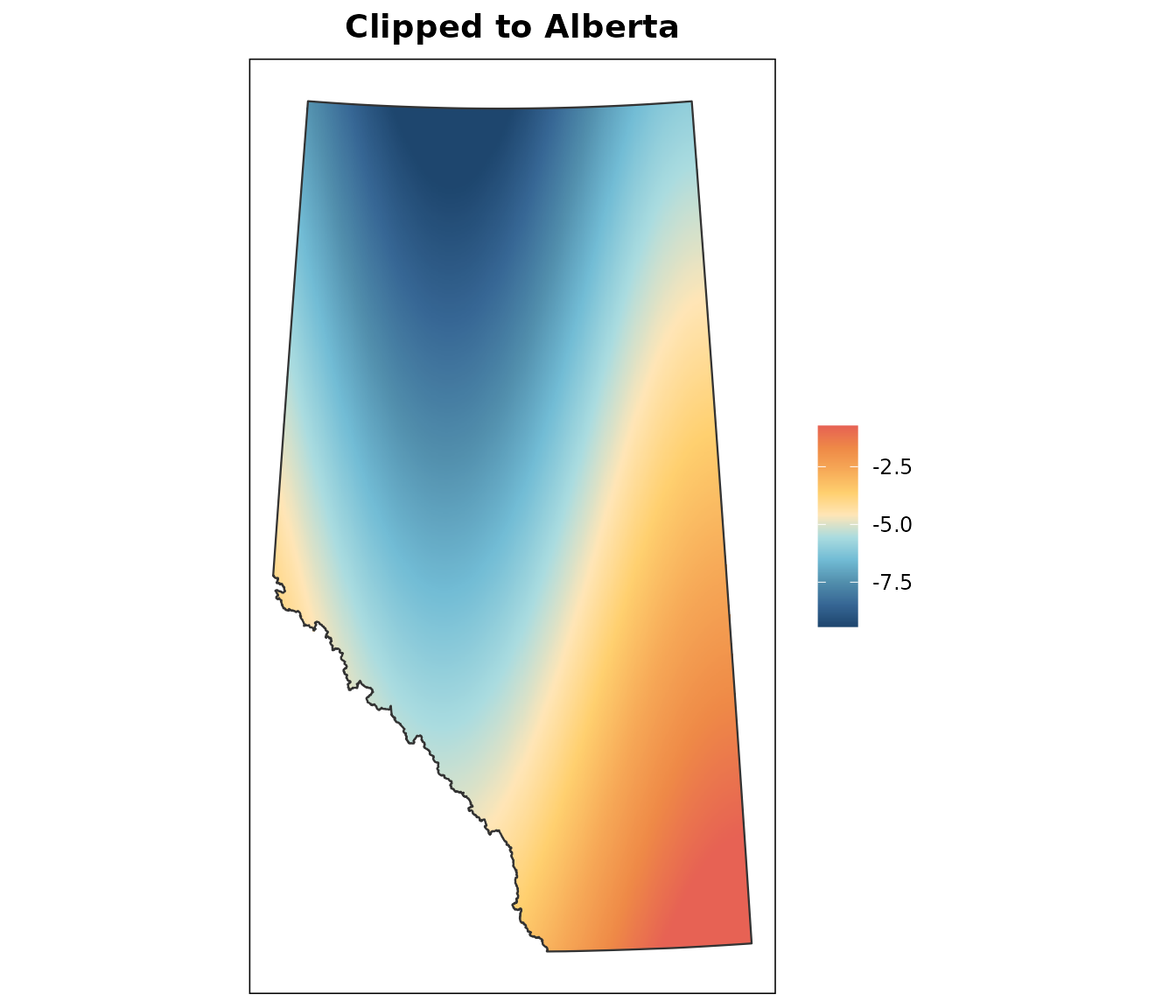 The resampled temperature surface after masking: values survive only inside the provincial boundary, and the rest of the rectangle is blank.