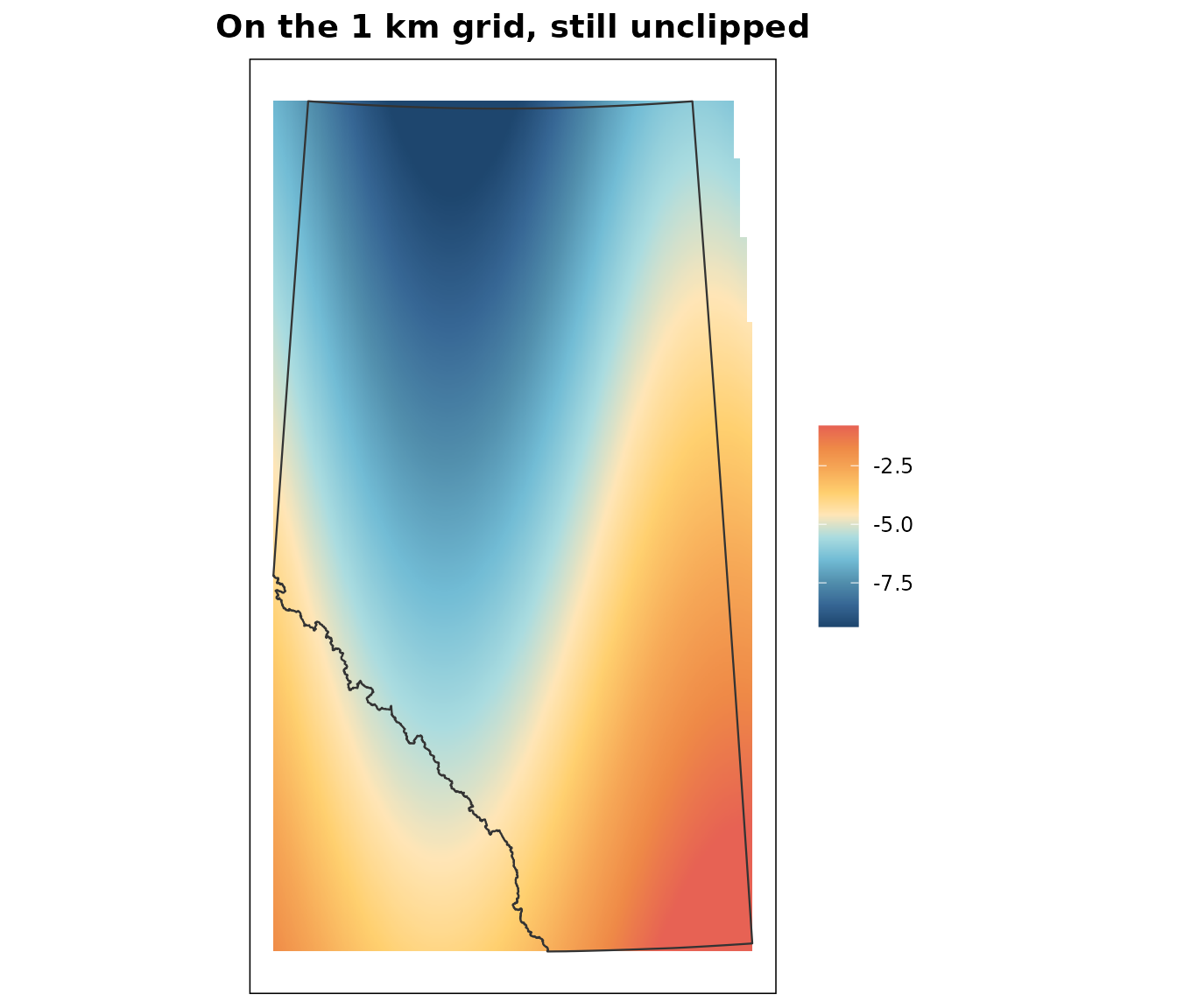 The same temperature surface after resampling onto the 1 km reference grid. The pattern is unchanged but the layer now sits on the reference lattice, still carrying values across the whole rectangle rather than only inside Alberta.