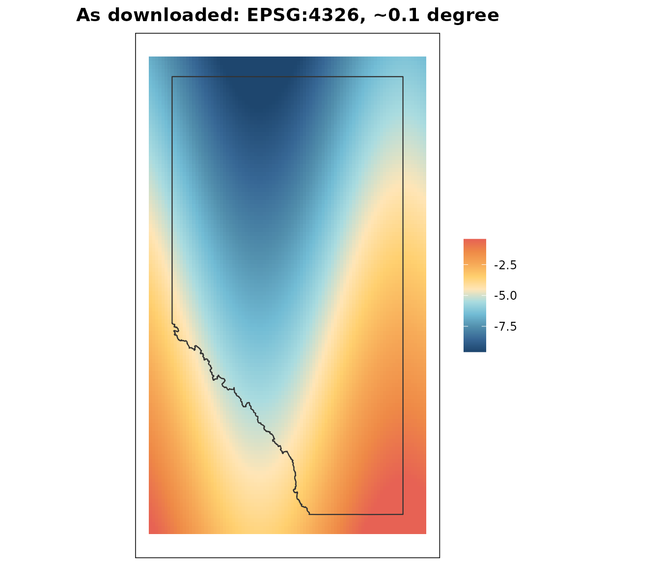 The synthetic temperature surface as downloaded, in geographic coordinates. It fills a rectangle extending well past Alberta, with values falling from south to north, and the provincial boundary drawn over the top for reference.
