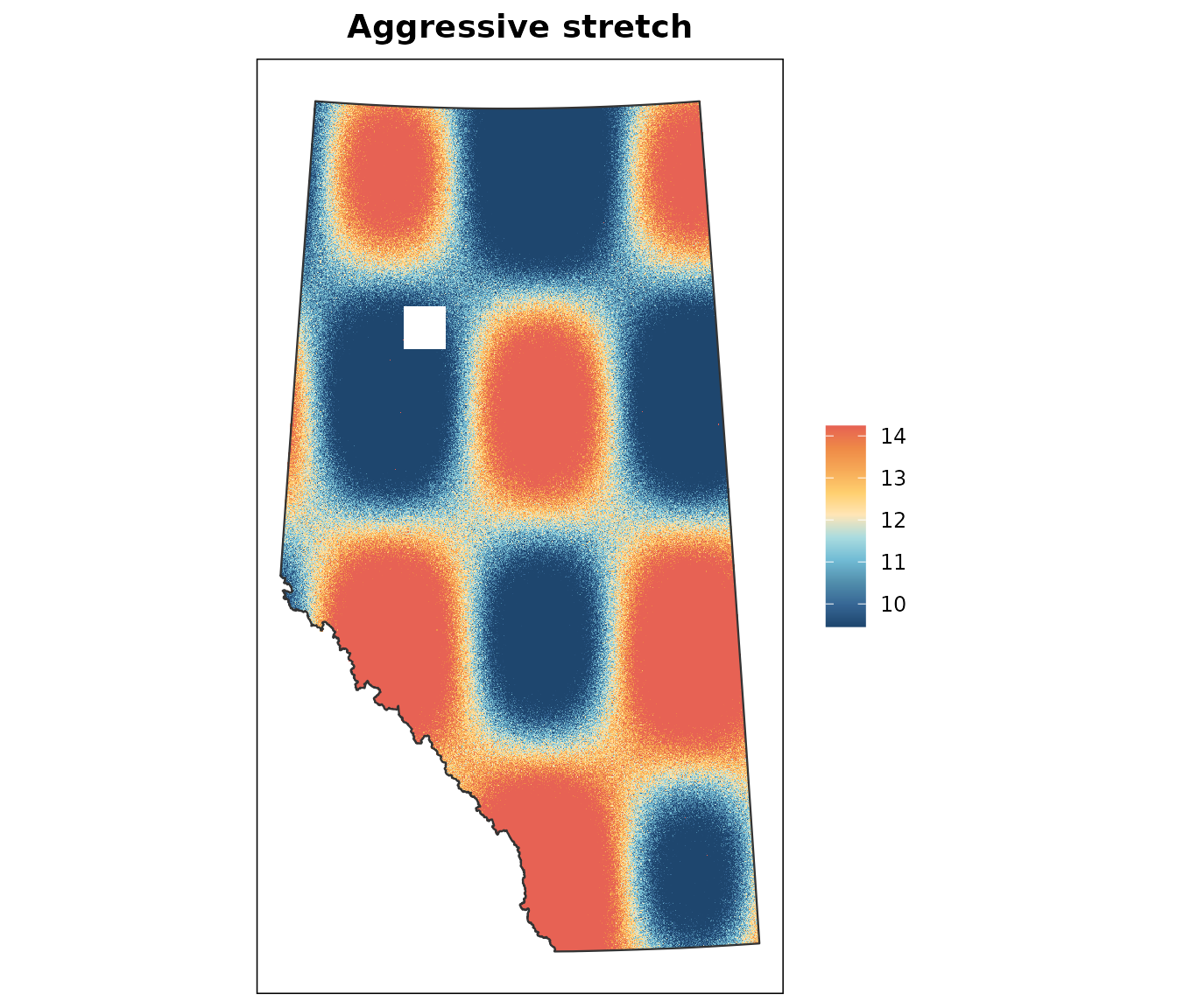 The same layer with the colour scale clamped to the 25th and 75th percentiles. The middle of the range is exaggerated into strong bands and everything beyond the quartiles flattens into the two end colours.