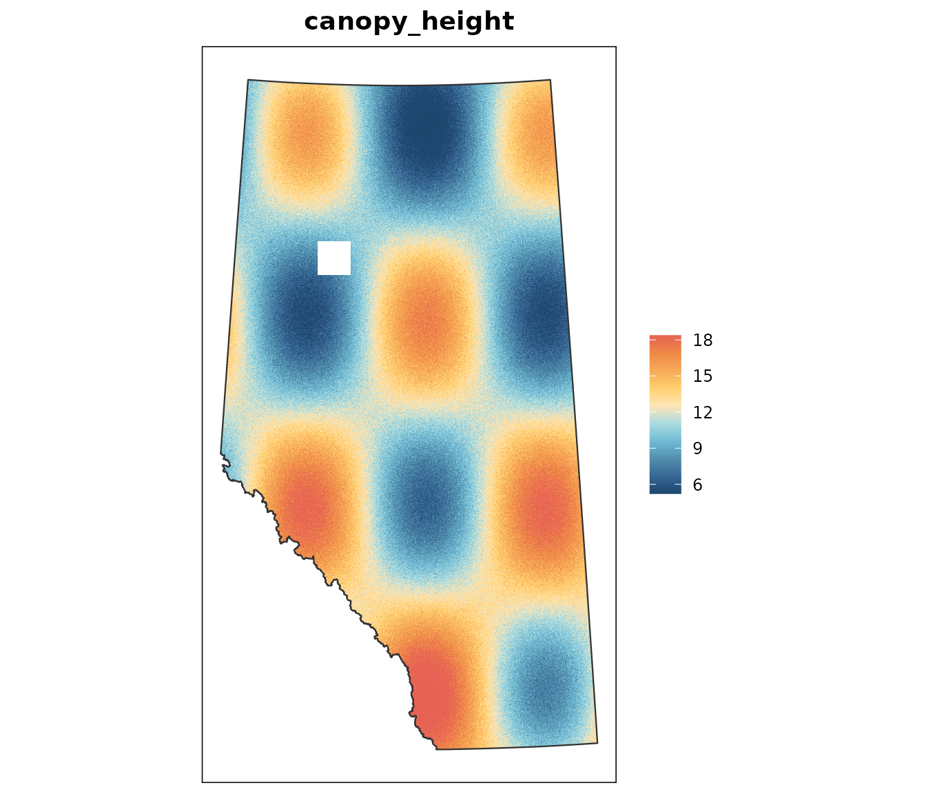 Map of the synthetic canopy height layer over Alberta under the default quantile stretch. A smooth wave pattern runs across the province, broken by a rectangular blank gap, with the provincial boundary drawn on top.
