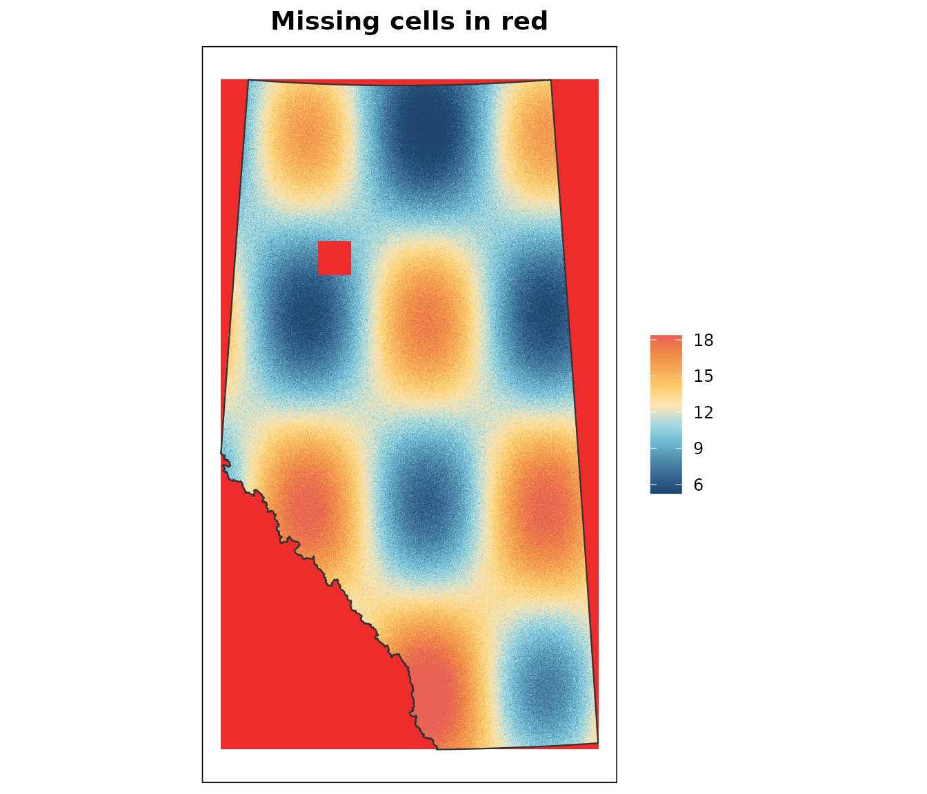 The canopy height map with missing cells painted red, which picks out both the rectangular gap inside the province and the whole of the surrounding rectangle outside it.