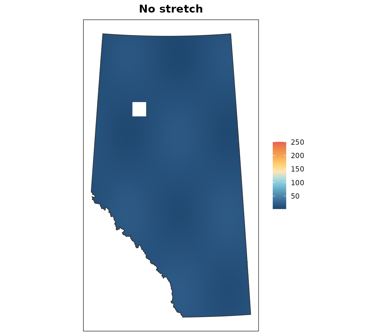 The same layer drawn with no stretch. The forty outlier cells at 250 metres take over the colour ramp, so the province renders as one flat colour and the pattern of the previous map is invisible.