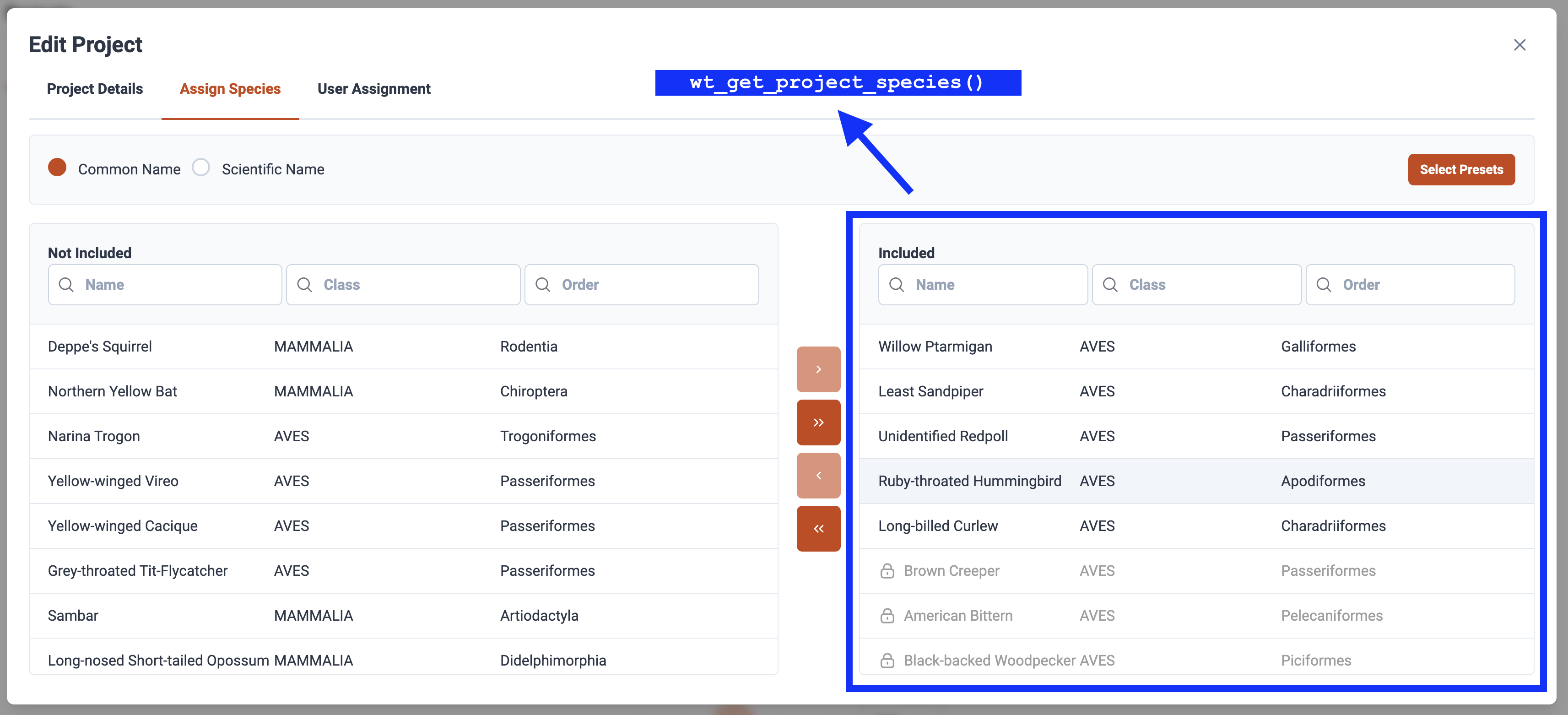 Project species table with included species in list on the right