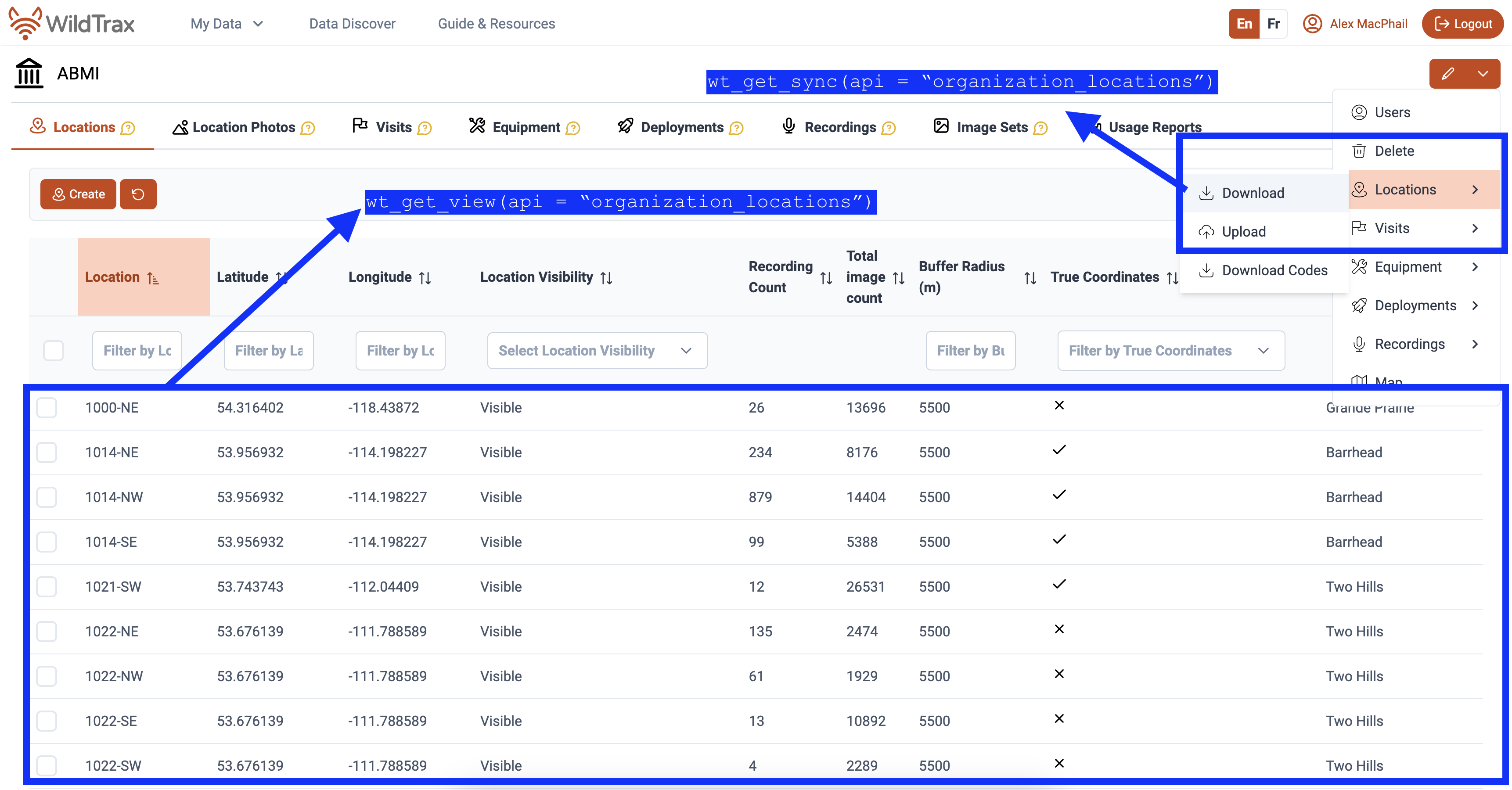 How wt_get_sync() and wt_get_view() relate to Organization locations