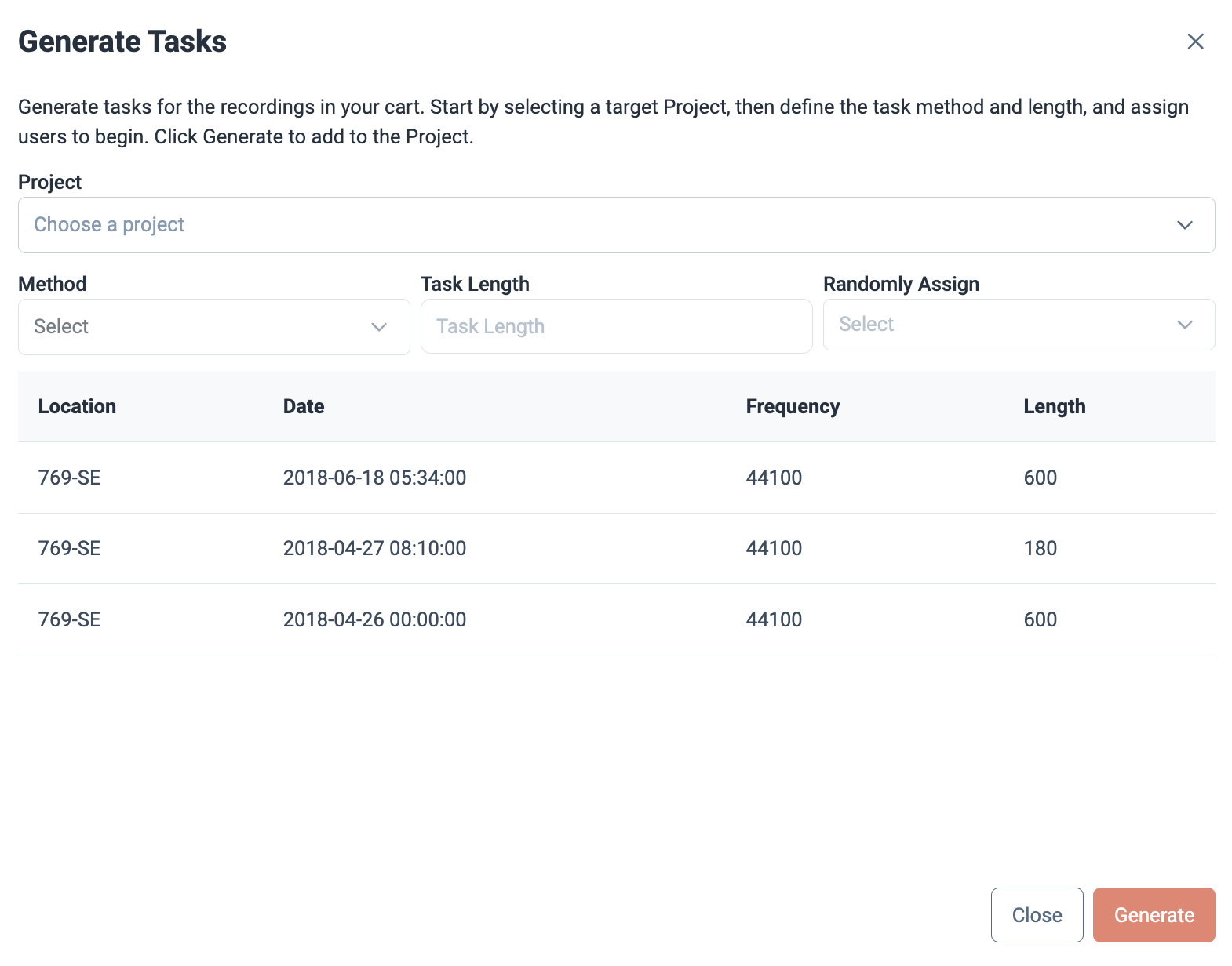 Generate Tasks interface
